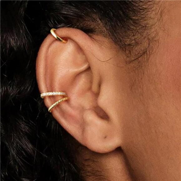 Gold Ear Cuff Earrings Set 3 Piece Non Pierced Cartilage Hypoallergenic CZ - Picture 4 of 7